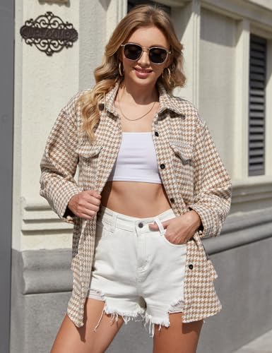 Yimoon Plaid Jacket Women Casual Houndstooth Jacket Flannel Shacket Loose Long Sleeve Shirt Button Down Shacket With Pockets(Khaki-L) - Image 3