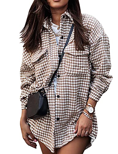 Yimoon Plaid Jacket Women Casual Houndstooth Jacket Flannel Shacket Loose Long Sleeve Shirt Button Down Shacket With Pockets(Khaki-L) - Image 5