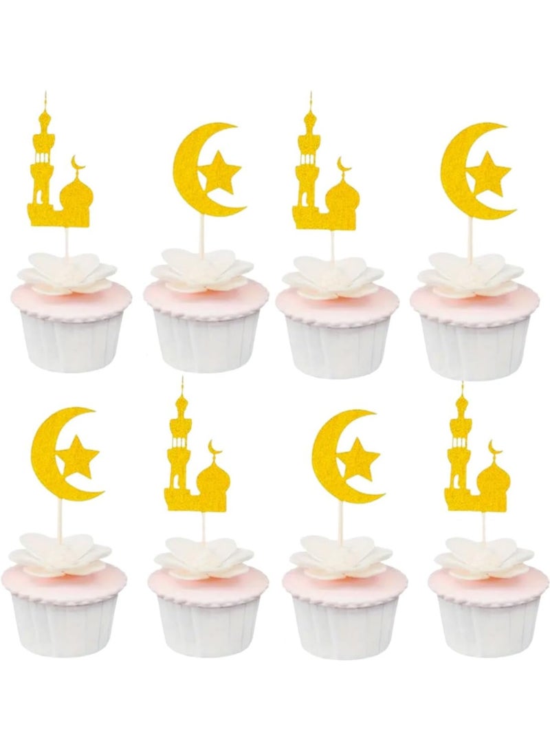 8pcs Ramadan Kareem Cupcake Toppers, Gold Glitter Baking Decorating Muffins Desserts Sweets Fruits Iftar Party Supplies Table Setting Moon Star Design - Image 1