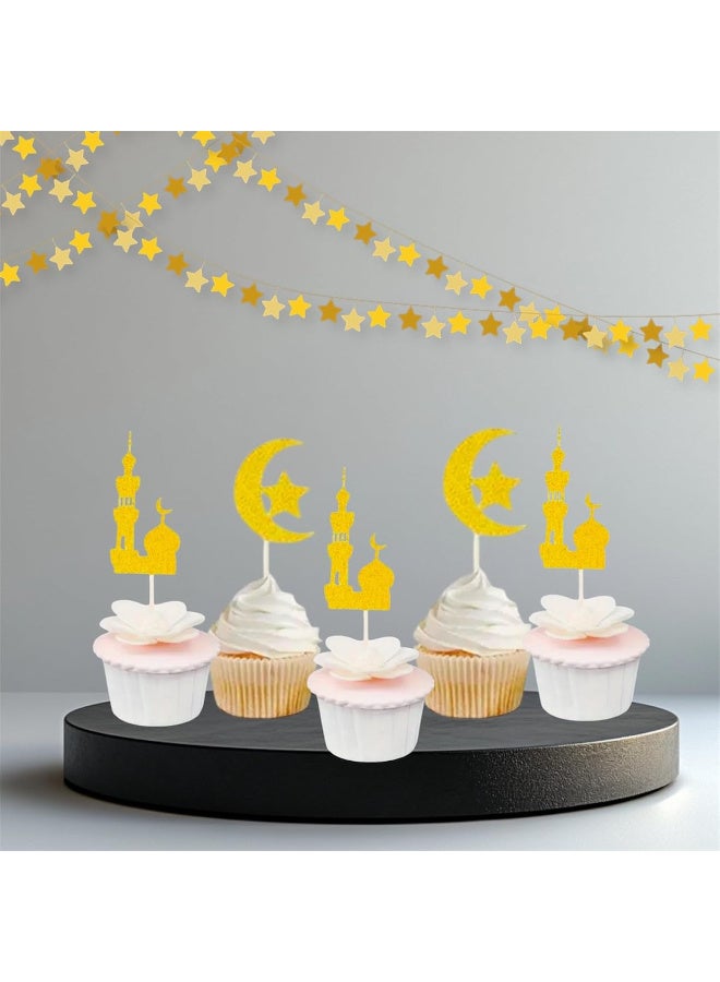 8pcs Ramadan Kareem Cupcake Toppers, Gold Glitter Baking Decorating Muffins Desserts Sweets Fruits Iftar Party Supplies Table Setting Moon Star Design - Image 2