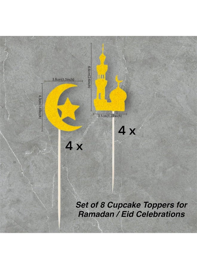 8pcs Ramadan Kareem Cupcake Toppers, Gold Glitter Baking Decorating Muffins Desserts Sweets Fruits Iftar Party Supplies Table Setting Moon Star Design - Image 4