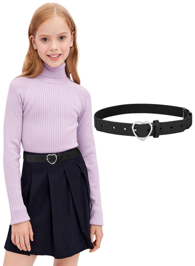 AWAYTR Girls Elastic Leather Belt - Rhinestone Heart Buckle Stretch Kids Belt for Toddler (Black, 80cm) - Image 1