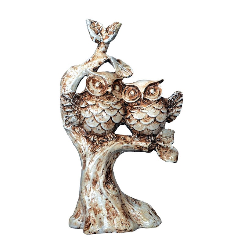DEQUERA Handcrafted Owl Couple on Tree Showpiece Bird Statue for Home Dcor Living Room Bedroom Table Top Antique Garden Decoration Items 26 X 17 cm Beige White - Image 1