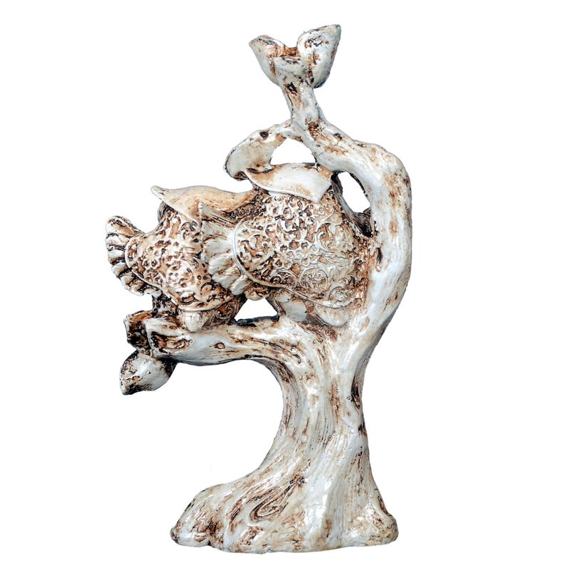 DEQUERA Handcrafted Owl Couple on Tree Showpiece Bird Statue for Home Dcor Living Room Bedroom Table Top Antique Garden Decoration Items 26 X 17 cm Beige White - Image 4