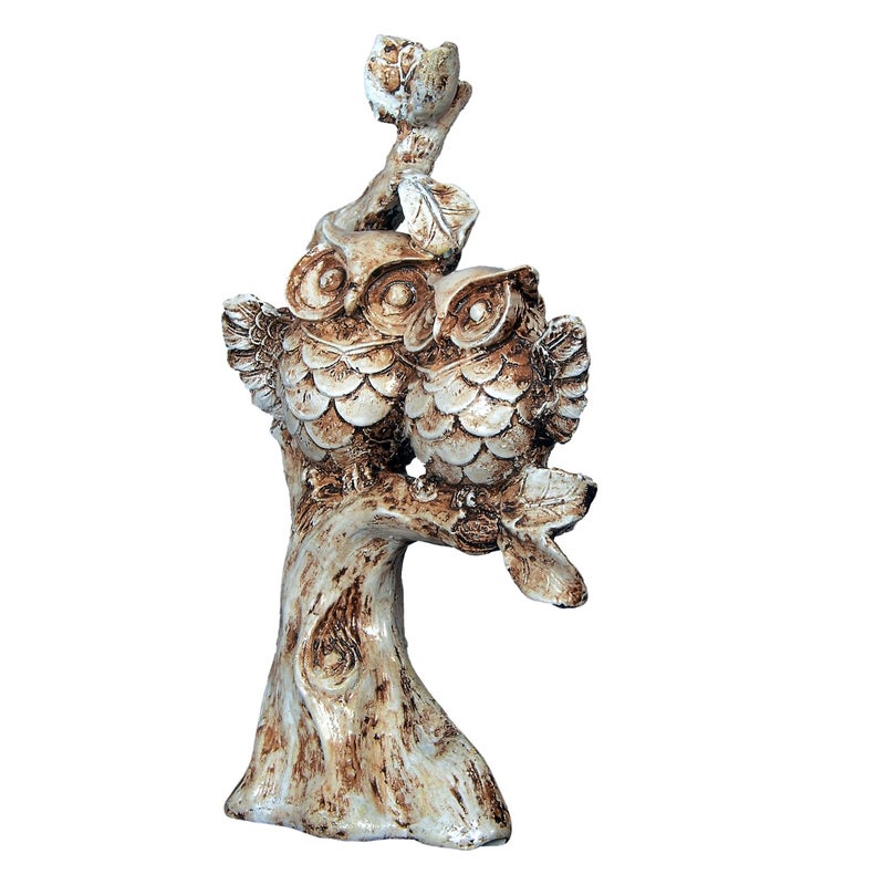 DEQUERA Handcrafted Owl Couple on Tree Showpiece Bird Statue for Home Dcor Living Room Bedroom Table Top Antique Garden Decoration Items 26 X 17 cm Beige White - Image 3