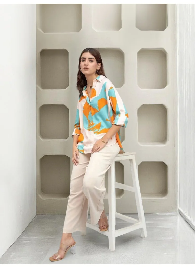 دينيس لينغو Sky Relaxed Fit Printed Shirt for Women - Rayon, Full Sleeves, Shirt Collar, Casual