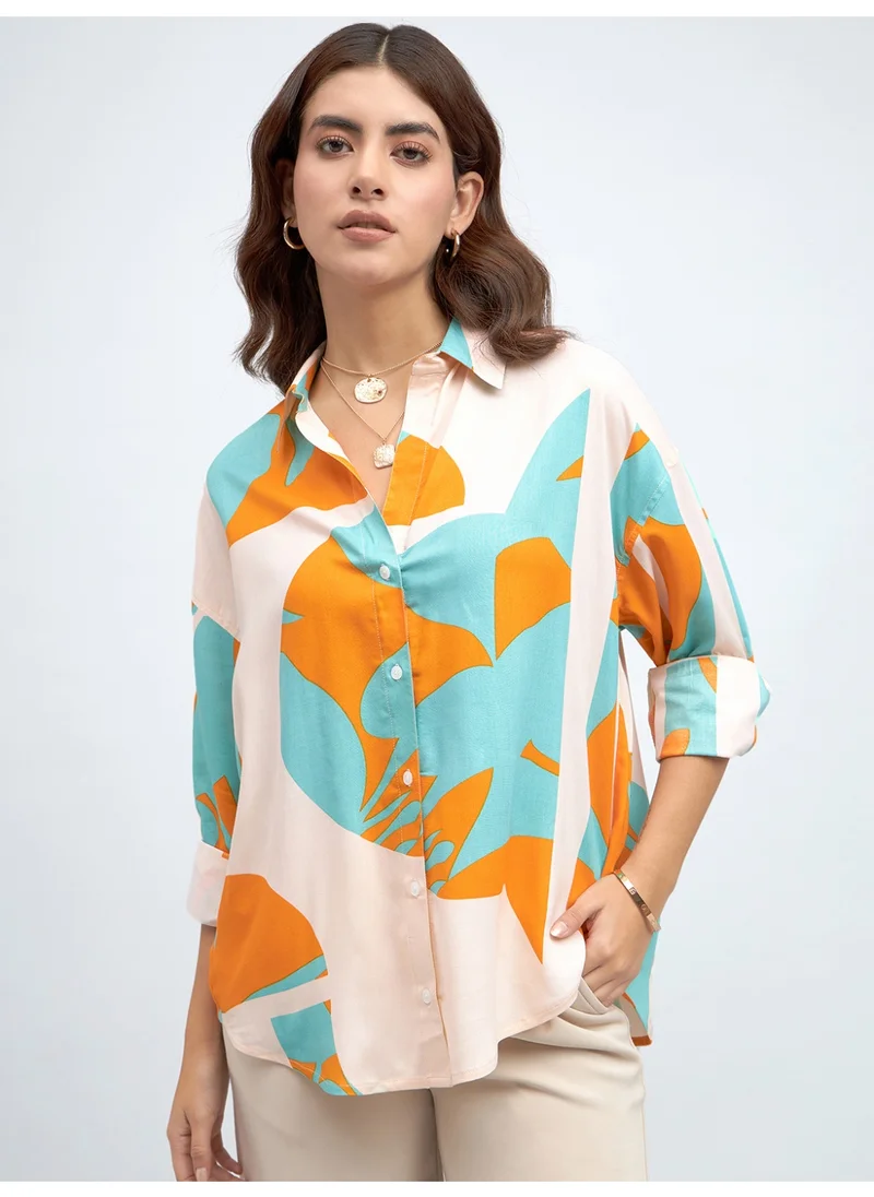 دينيس لينغو Sky Relaxed Fit Printed Shirt for Women - Rayon, Full Sleeves, Shirt Collar, Casual