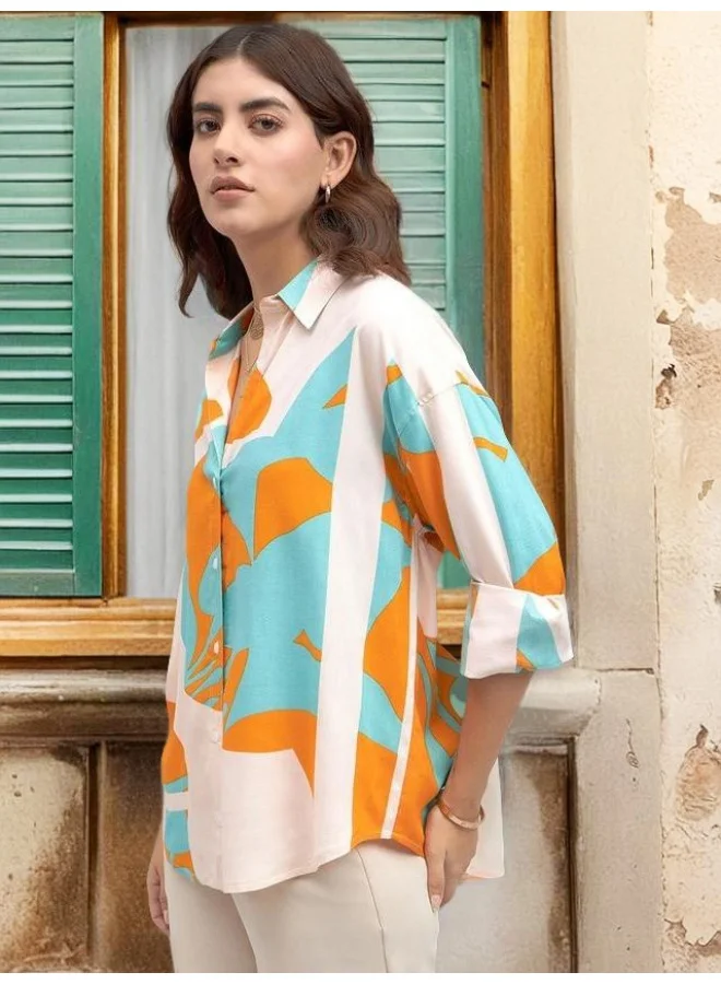 Dennis Lingo Sky Relaxed Fit Printed Shirt for Women - Rayon, Full Sleeves, Shirt Collar, Casual