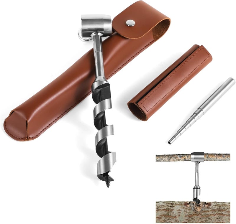 10-Inch Hand Auger Drill Set With Eye, Manual Wood Hole Maker, Includes Wrench, Leather Cover, Extendable Pole For Hiking, Camping & Bushcraft - Image 1
