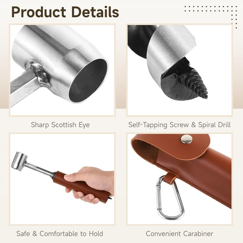 10-Inch Hand Auger Drill Set With Eye, Manual Wood Hole Maker, Includes Wrench, Leather Cover, Extendable Pole For Hiking, Camping & Bushcraft - Image 3