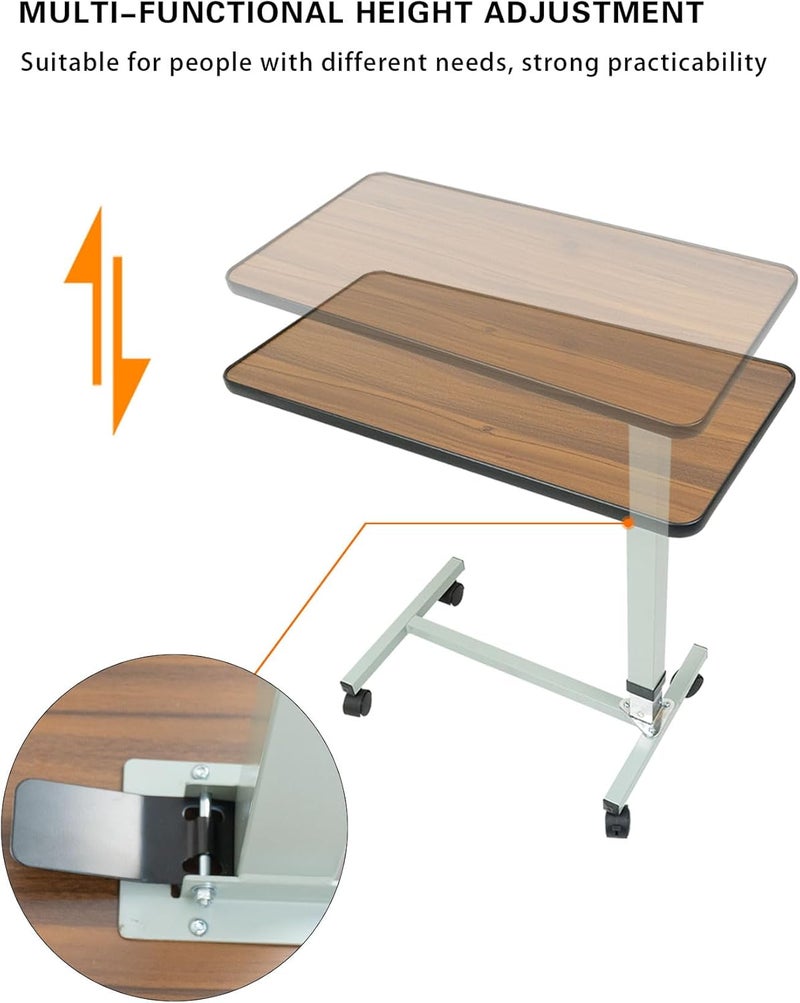 Meishida Adjustable Overbed Bedside Table - Hospital Bed Table, Bed Trays for Eating, Non-Tilt, Steel Frame, Walnut Wood-Grain, Swivel Caster Wheels, 50Lbs Capacity - Image 3