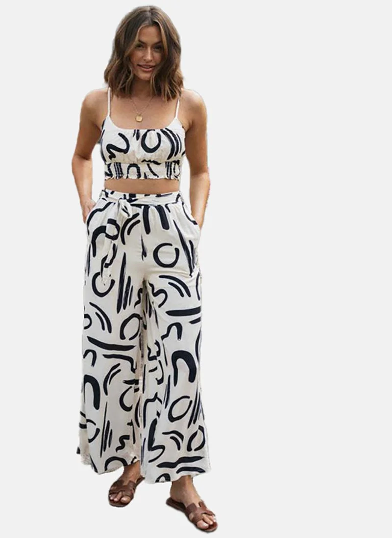YUNIQEE Off White Shoulder Straps Printed Top With Palazzo Co-Ords Set