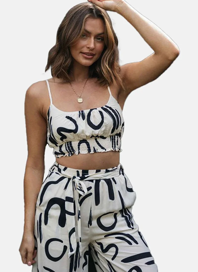YUNIQEE Off White Shoulder Straps Printed Top With Palazzo Co-Ords Set