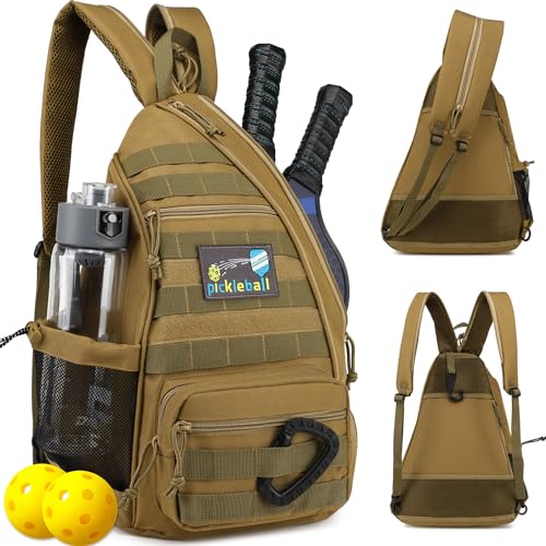 SunForMorning Pickleball Bag, Tactical Pickleball Backpack for Women Men, Adjustable Sling Bag with Fence Hook Water Bottle (Includes 2 Patches+1Carabiner), Brown - Image 1