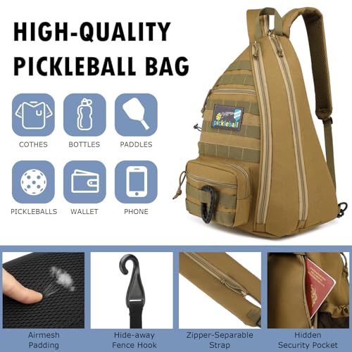 SunForMorning Pickleball Bag, Tactical Pickleball Backpack for Women Men, Adjustable Sling Bag with Fence Hook Water Bottle (Includes 2 Patches+1Carabiner), Brown - Image 5