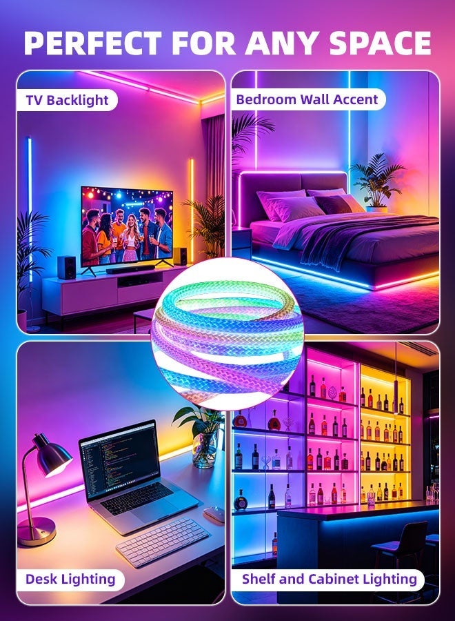 BASILKIT 2M RGB Braided Neon LED Strip Light, 360° Flexible Rope Light, Music Sync, App & Remote Control, DIY Atmosphere Lighting for Bedroom, Gaming Room, Ramadan & Party Decor - Image 3