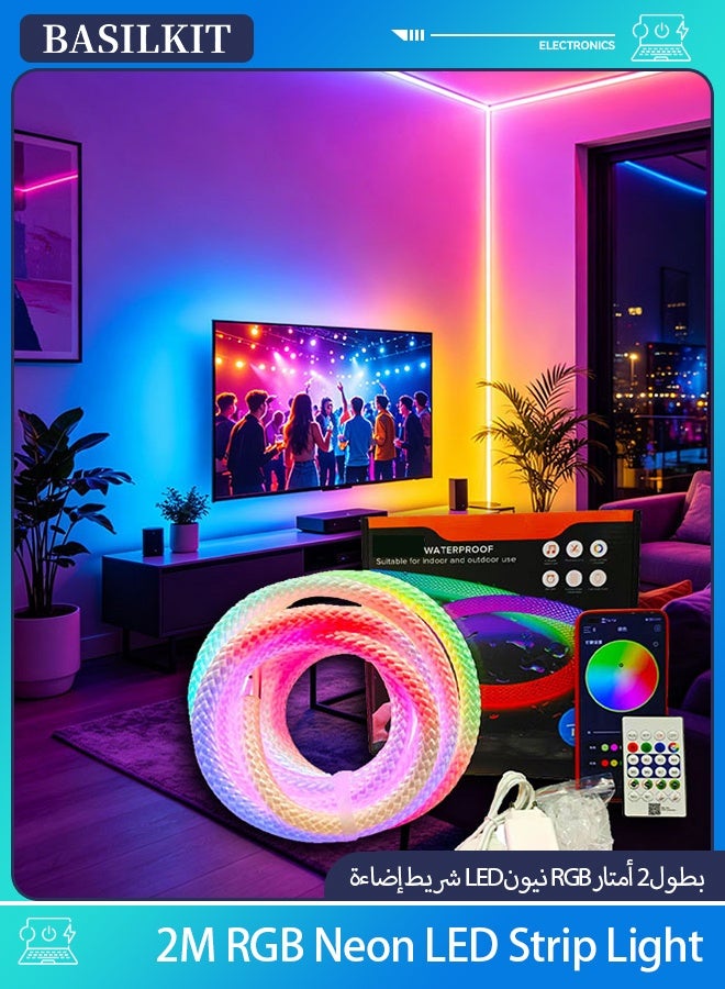 BASILKIT 2M RGB Braided Neon LED Strip Light, 360° Flexible Rope Light, Music Sync, App & Remote Control, DIY Atmosphere Lighting for Bedroom, Gaming Room, Ramadan & Party Decor - Image 1