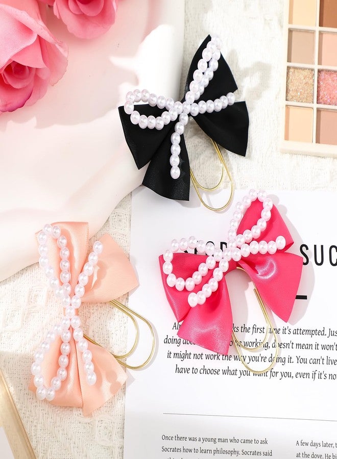 Chunful 3 Pcs Satin Bow Bookmarks with Gold Clip, Pearl Ribbon Bow Paper Page File Planner Marker Paperclips Girly Cute Bookmark for Women Aesthetic Book Lover Gifts Elegant Book Accessories - Image 3