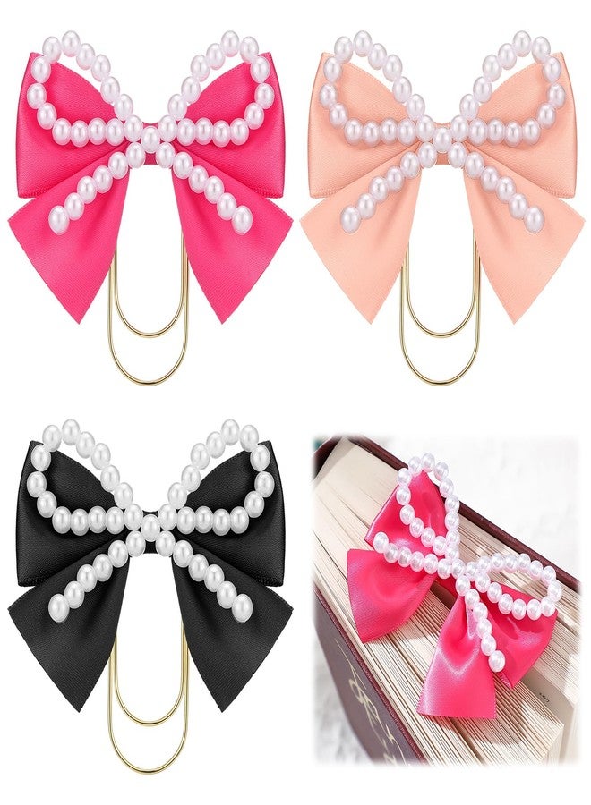 Chunful 3 Pcs Satin Bow Bookmarks with Gold Clip, Pearl Ribbon Bow Paper Page File Planner Marker Paperclips Girly Cute Bookmark for Women Aesthetic Book Lover Gifts Elegant Book Accessories - Image 1