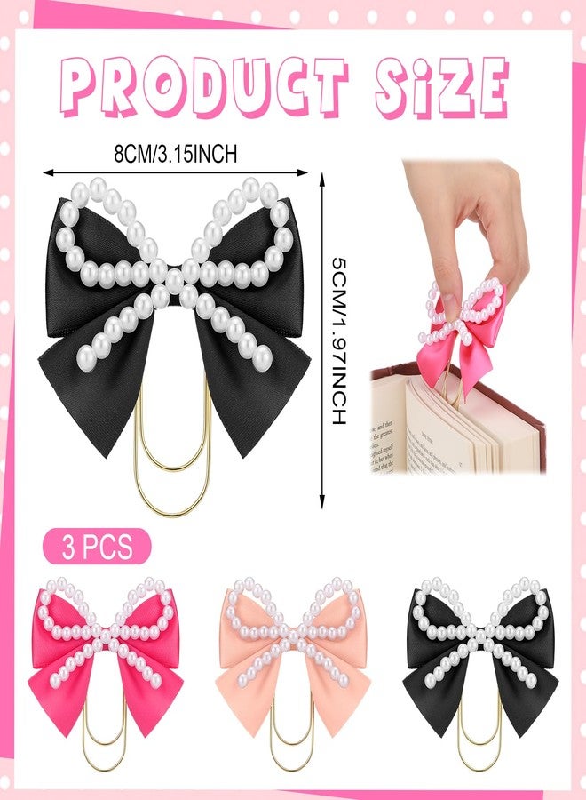Chunful 3 Pcs Satin Bow Bookmarks with Gold Clip, Pearl Ribbon Bow Paper Page File Planner Marker Paperclips Girly Cute Bookmark for Women Aesthetic Book Lover Gifts Elegant Book Accessories - Image 2