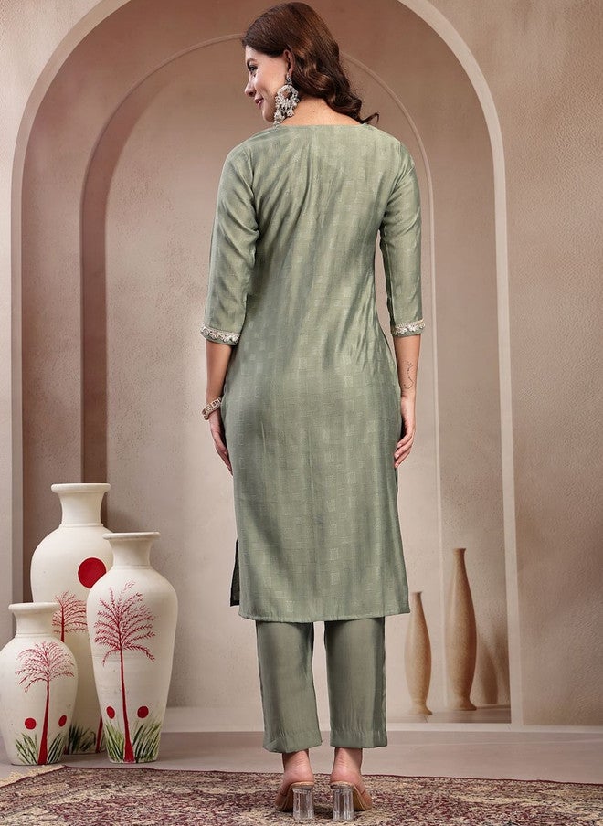 Indibelle Geometric Woven Design V-Neck Gotta Patti Straight Kurta With Trouser - Image 5