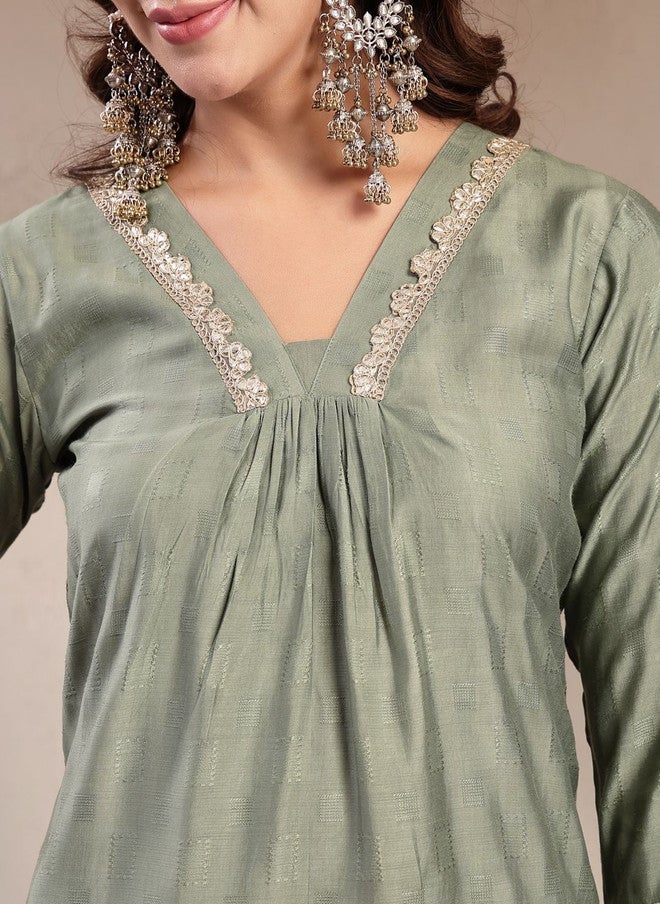 Indibelle Geometric Woven Design V-Neck Gotta Patti Straight Kurta With Trouser - Image 2