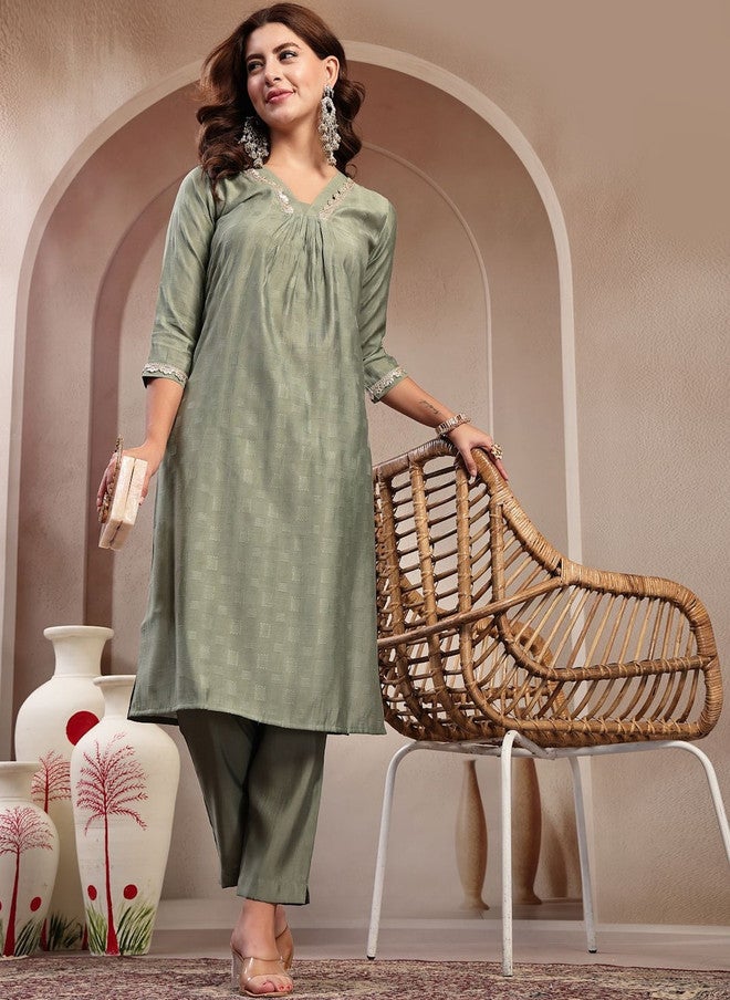 Indibelle Geometric Woven Design V-Neck Gotta Patti Straight Kurta With Trouser - Image 1