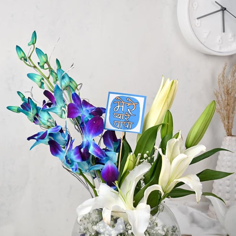 FlowerAura Fresh Flower Bouquet Gift 2 Lilies 4 Blue Flowers With Topper For Birthday Gift Gift Gift For Papa Gift For Dad Gift For FatherInLaw Same Day Delivery - Image 2