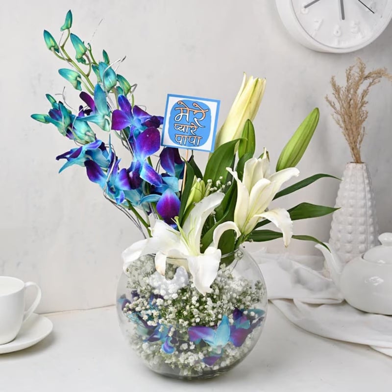 FlowerAura Fresh Flower Bouquet Gift 2 Lilies 4 Blue Flowers With Topper For Birthday Gift Gift Gift For Papa Gift For Dad Gift For FatherInLaw Same Day Delivery - Image 1
