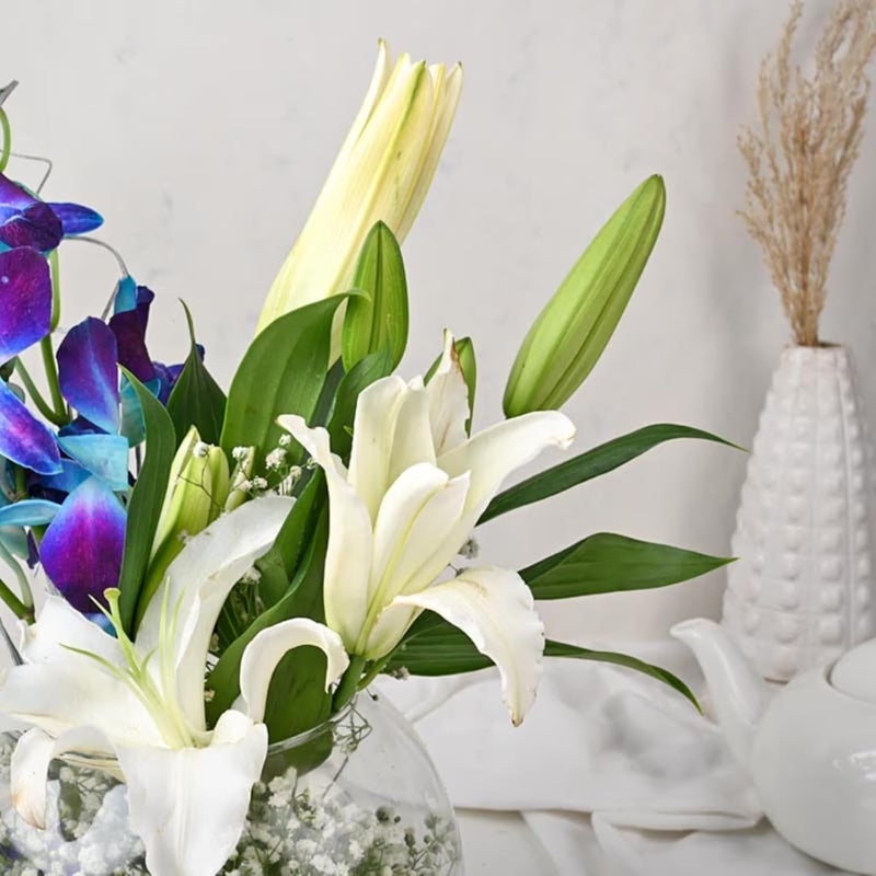 FlowerAura Fresh Flower Bouquet Gift 2 Lilies 4 Blue Flowers With Topper For Birthday Gift Gift Gift For Papa Gift For Dad Gift For FatherInLaw Same Day Delivery - Image 3