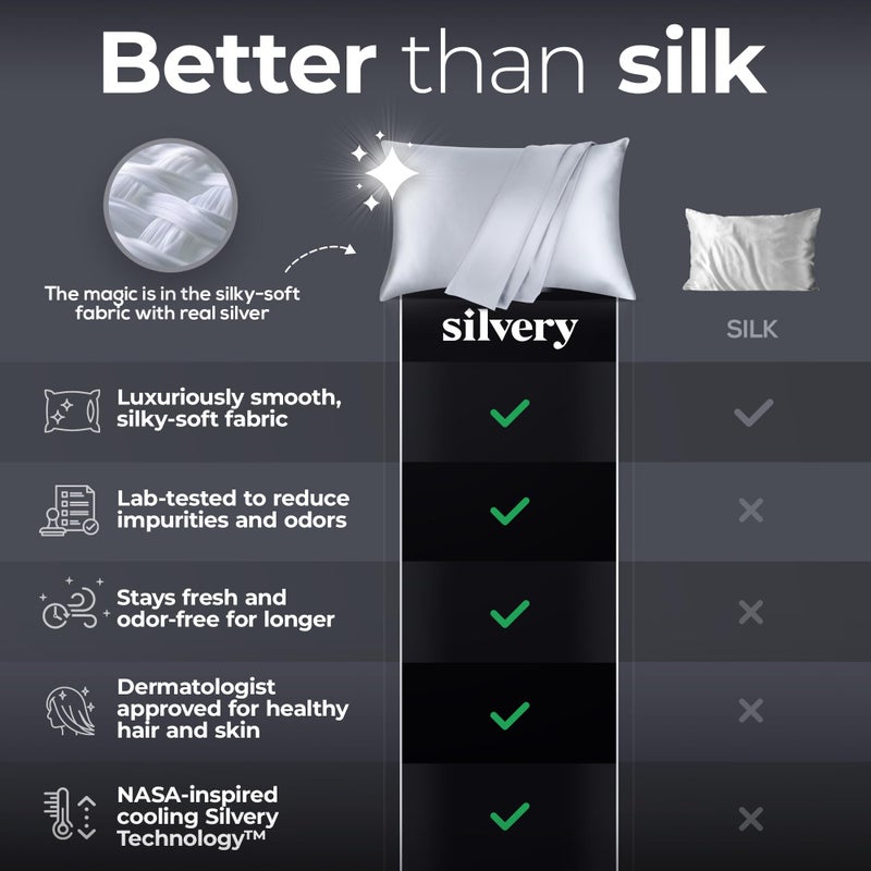 Silvery Silver Infused Satin Pillowcases Set â€“ 2 Pack Silky Soft Cooling Pillow Cases with Self-Cleaning Silvery Technologyâ„¢ for Hygienic Sleep â€“ Better Than Silk for Hair and Skin, Size Queen 20x30â€ - Image 2