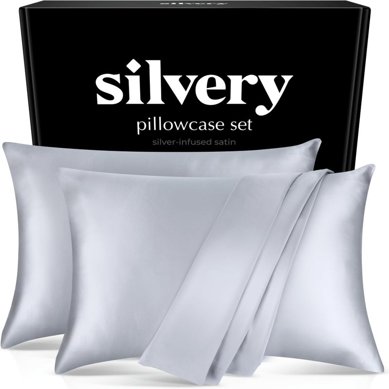 Silvery Silver Infused Satin Pillowcases Set â€“ 2 Pack Silky Soft Cooling Pillow Cases with Self-Cleaning Silvery Technologyâ„¢ for Hygienic Sleep â€“ Better Than Silk for Hair and Skin, Size Queen 20x30â€ - Image 1