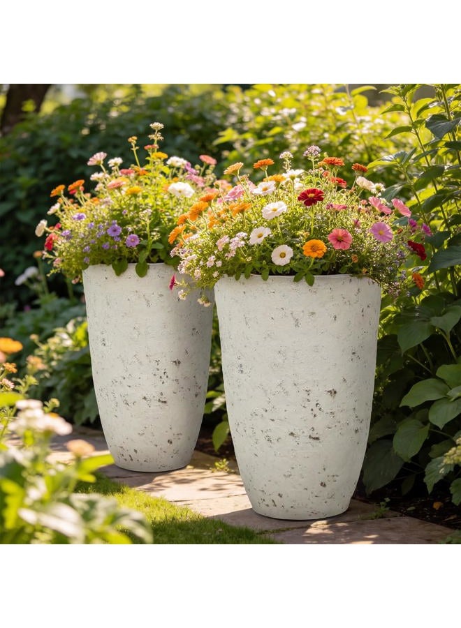 Ultym 19.5" H Resin Tall Outdoor Planters, Set of 2 Country White Large Flower Pots with Handmade Birch Bark Texture, Heavy-Duty and Weather-Resistant for Year Round Indoor/Outdoor Space - Image 1