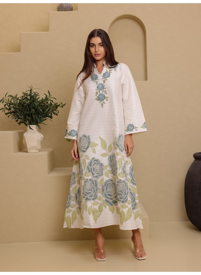 IKKXA Beautiful Design Printed Jalabiya Big Flowers Details IK6023 Green - Image 1