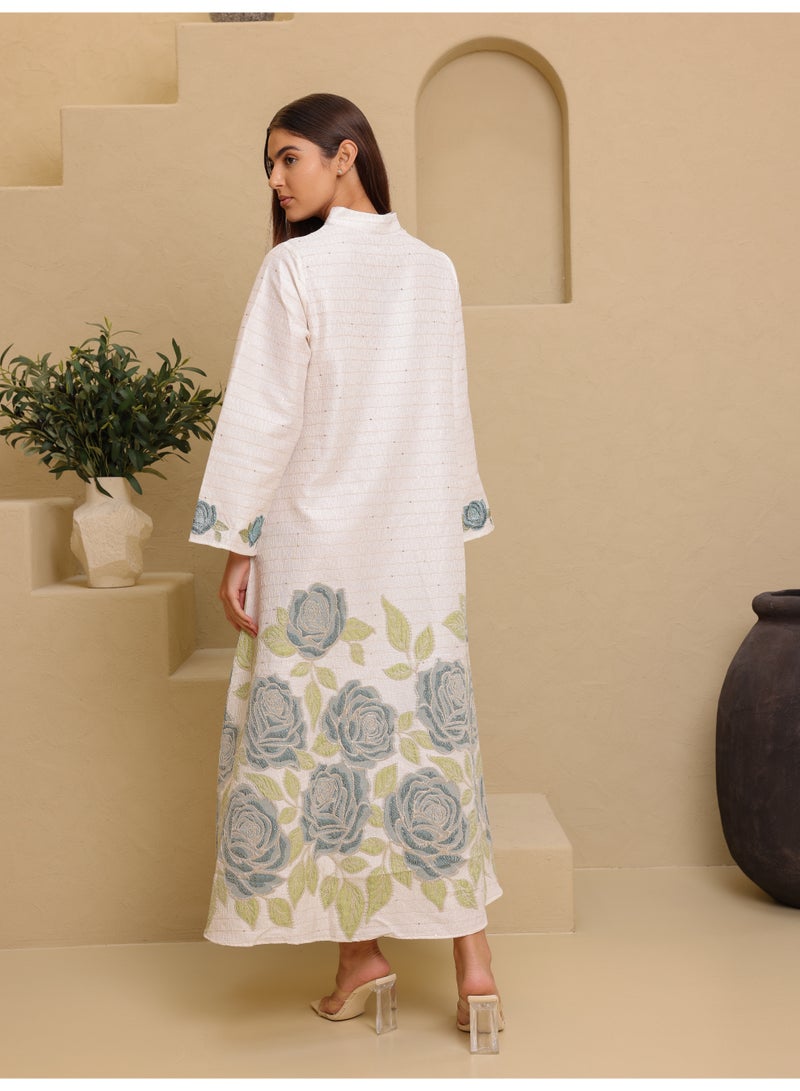 IKKXA Beautiful Design Printed Jalabiya Big Flowers Details IK6023 Green - Image 4