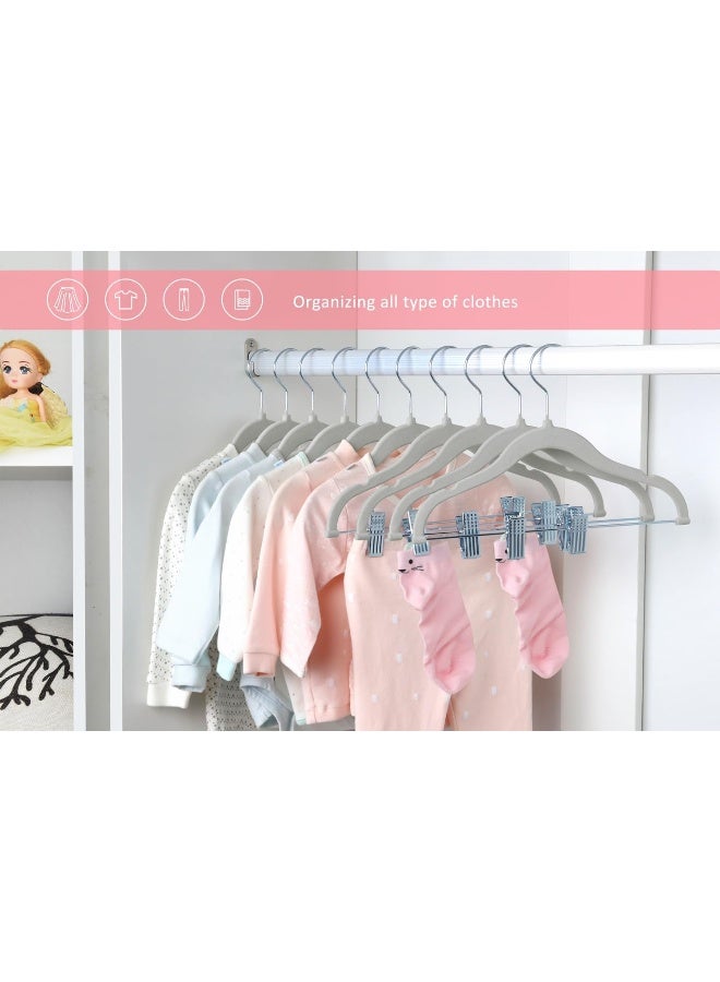 ManGotree 11.8'' Baby Velvet Hangers With Movable Clips, Non-Slip Kids Felt Hangers, Ultra-Thin Space-Saving Children'S Clothes Hangers For Skirts, Pants, Dresses, Shirts, Jackets (28 Pack, Grey) - Image 2