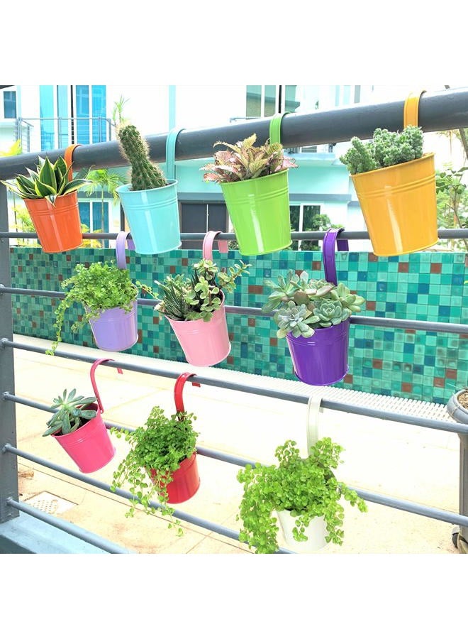 LáLáGreen 6 Inch Hanging Planters Outdoor, 10 Colorful Planter, Large Metal Flower Pot, Balcony Planters Railing Hanging Herb Garden Iron Hanging Plant Pots Buckets for Fence Rail Deck Porch Outside Indoor Wall - Image 5