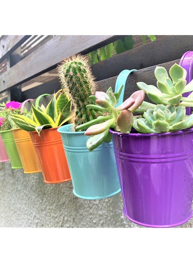 LáLáGreen 6 Inch Hanging Planters Outdoor, 10 Colorful Planter, Large Metal Flower Pot, Balcony Planters Railing Hanging Herb Garden Iron Hanging Plant Pots Buckets for Fence Rail Deck Porch Outside Indoor Wall - Image 1