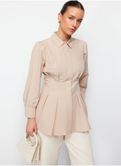 trendyol Stone Waist Fitted Pearl Detailed Woven Shirt TCTAW24TG00027  - Image 1