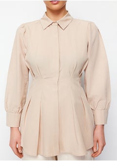 trendyol Stone Waist Fitted Pearl Detailed Woven Shirt TCTAW24TG00027  - Image 4