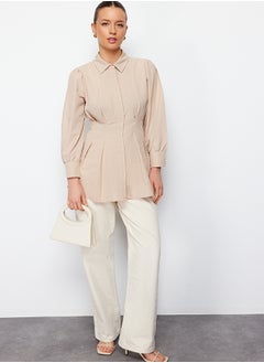 trendyol Stone Waist Fitted Pearl Detailed Woven Shirt TCTAW24TG00027  - Image 2