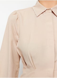 trendyol Stone Waist Fitted Pearl Detailed Woven Shirt TCTAW24TG00027  - Image 5