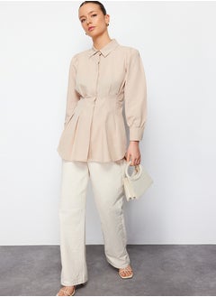 trendyol Stone Waist Fitted Pearl Detailed Woven Shirt TCTAW24TG00027  - Image 3