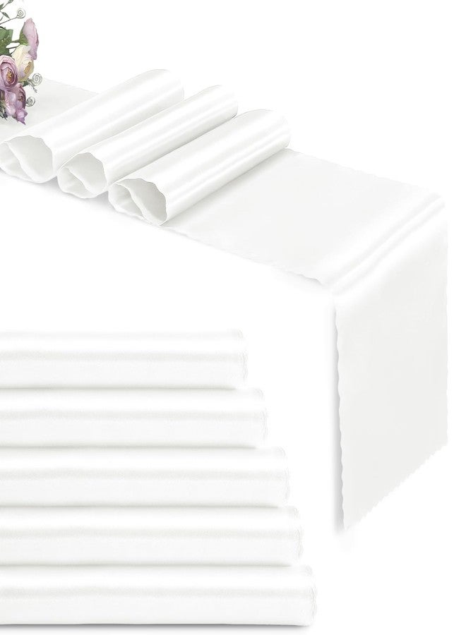 Eychei Set of 5 White Satin Table Runners, 12" x 108" Long Bright & Smooth Table Runner with Scalloped Edges, Satin Table Cloth Table Runner Decor for Wedding, Party, Banquet - Image 1