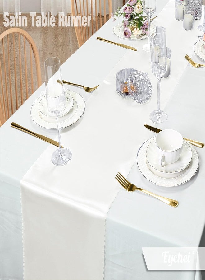 Eychei Set of 5 White Satin Table Runners, 12" x 108" Long Bright & Smooth Table Runner with Scalloped Edges, Satin Table Cloth Table Runner Decor for Wedding, Party, Banquet - Image 3