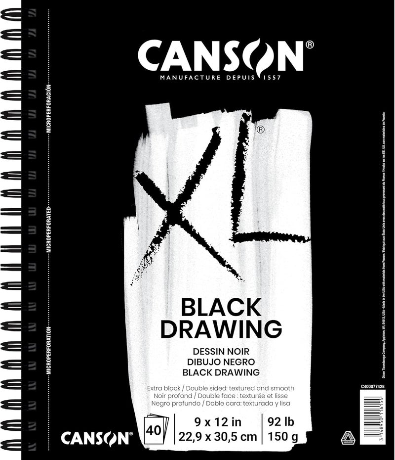 Canson XL Series Drawing Paper Black Wirebound Pad 9x12 inches 40 Sheets 92lb150g  Artist Paper for Adults and Students  Colored Pencil Ink Pastel Marker - Image 1