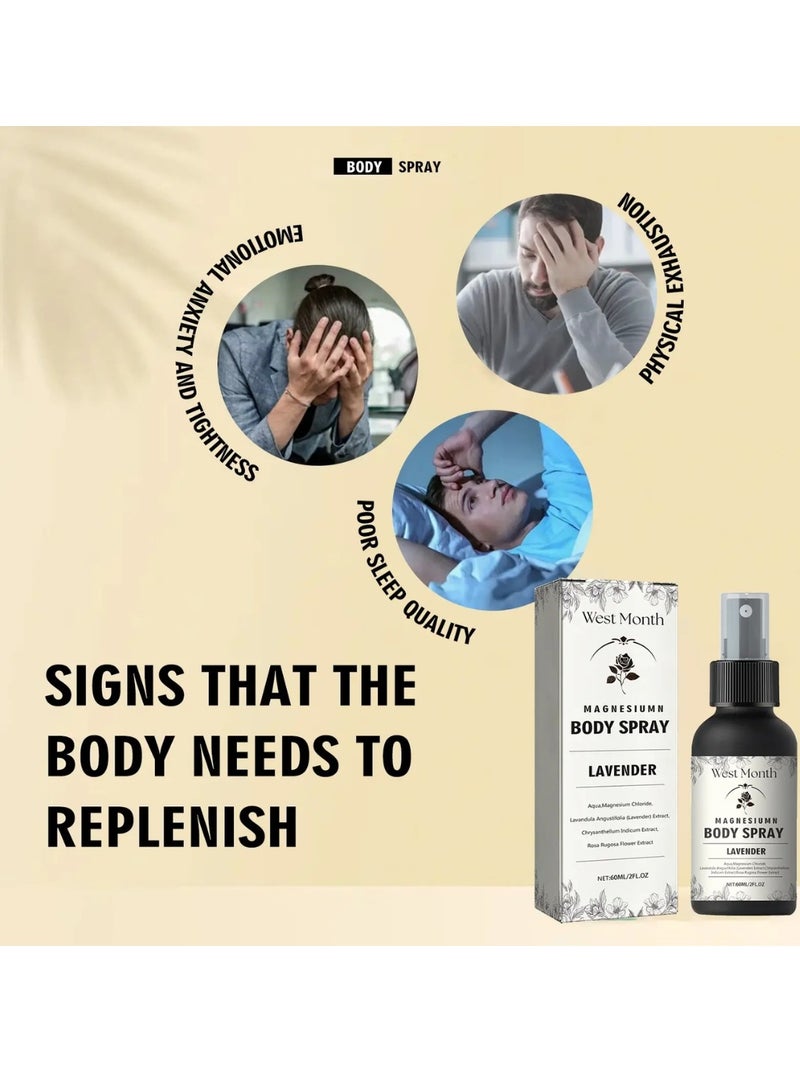 WEST MONTH 60ml Magnesium Body Spray Organic and Natural Magnesium Oil for Better Sleep with Lavender Relief and Relaxation Relieve Muscle Tension Magnesium Body Oil Spray for Body Hands and Feet - Image 3