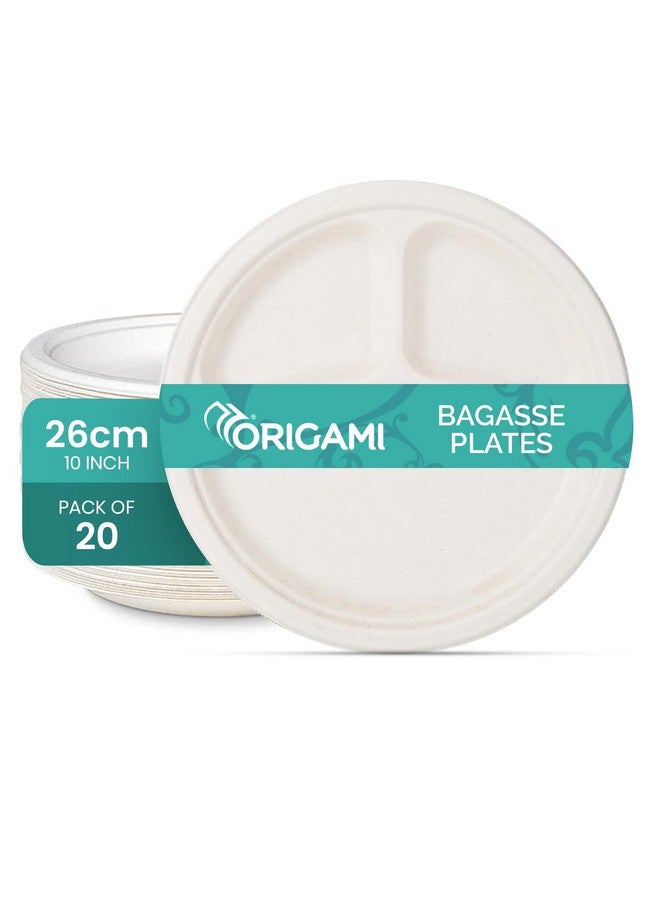 Origami 10 Inch Round Disposable Bagasse Paper Plates | EcoFriendly & Biodegradable Sugarcane Plates | Perfect for Parties, Picnics, and Festive Occasions - Pack of 20 Pcs - Image 1