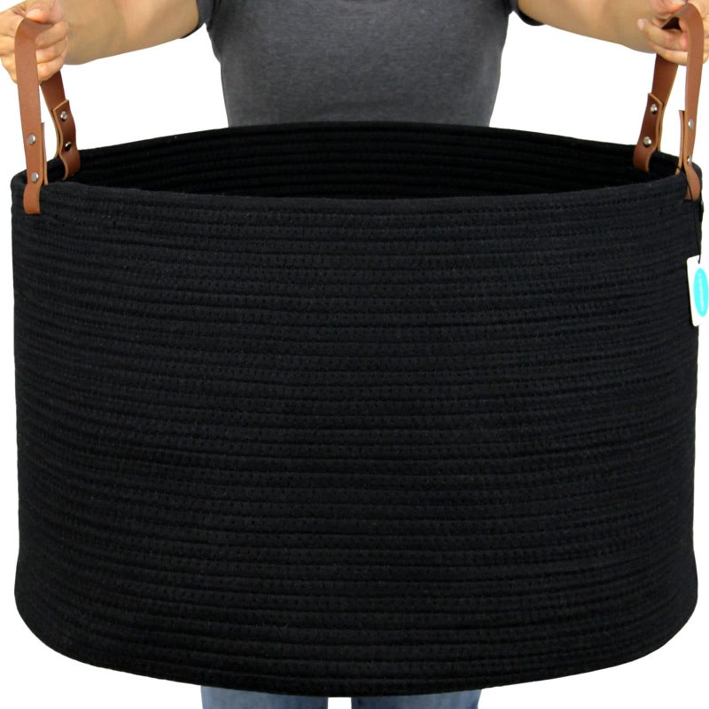 Casaphoria XXXLarge Cotton Rope Basket for Living Room  Woven Storage Basket with long Handle for Blankets Towels and Pillows Laundry Hamper  Black 20 x 20 x 13