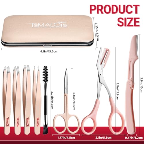 TsMADDTs Tweezers for Women Facial Hair, 8 in 1 Eyebrow Kit with Tweezers, Eyebrow Trimmer Scissors, Razor, Brush with Travel Bag, Hair Plucking Daily Beauty Tools - Image 2